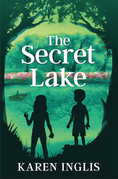 A boy and girl looking at a lake with a boy in a boat rowing towards them -- the front cover of The Secret Lake by Karen Inglis